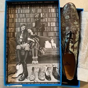 John Fluevog blue snake print shoes